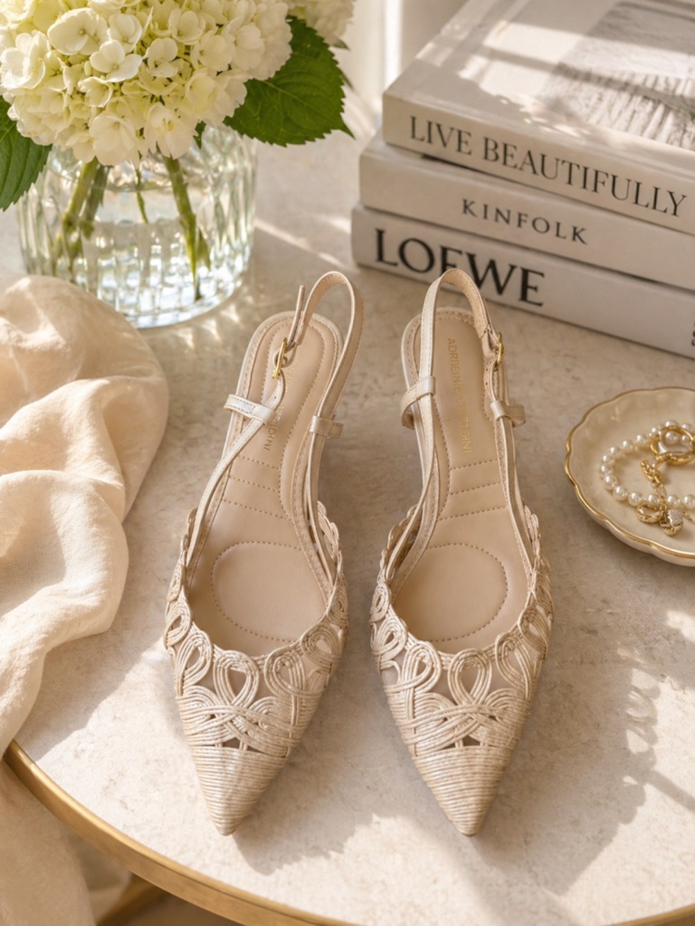 Adrienne Vittadini Nude Beige Woven Pointed Slingback Flats